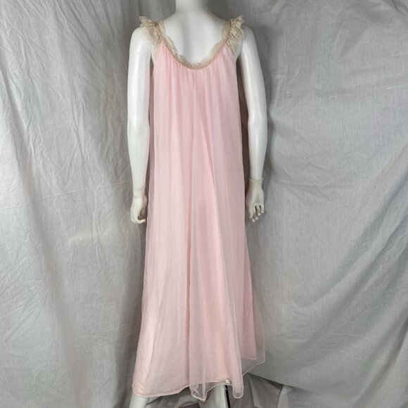 VTG PEIGNOIR SET ROBE GOWN INTIME DOUBLE CHIFFON NYLON Négligée Pink Cream Lace - Picture 15 of 16